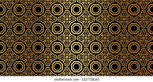 Geometric Seamless Pattern. Modern Traditional Geometric Ornament. Vector Illustration. For The Interior Design, Wallpaper, Decoration Print, Fill Pages, Invitation Card, Cover Book. Black gold color.