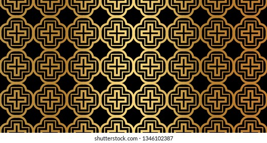 Geometric Seamless Pattern. Modern Traditional Geometric Ornament. Vector Illustration. For The Interior Design, Wallpaper, Decoration Print, Fill Pages, Invitation Card, Cover Book. Black gold color.