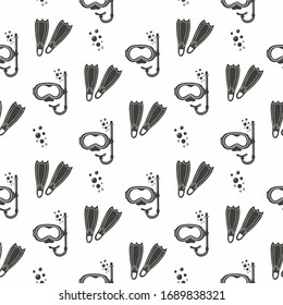 Geometrisches nahtloses Muster, einfarbige Strandmasken und Flossen zum Tauchen, einzelne Vektorillustration auf weißem Hintergrund. Zum Bedrucken von Textilien, T-Shirts, Souvenirs, Tapeten.