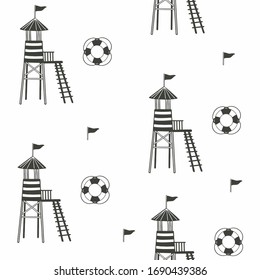 Geometric seamless pattern, monochrome rescue tower with ladder, tower with flag and circle, vector on a white background. For printing on textiles, packaging, banners, booklets, t-shirts, souvenirs