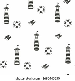 Geometric seamless pattern, monochrome tower with lighthouse flag, binoculars and life buoy, vector on a white background. For printing on textiles, packaging, banners, booklets, t-shirts, souvenirs