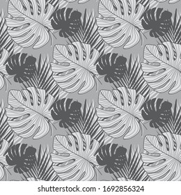 Geometric seamless pattern with monochrome tropical leaves. Exotic botanical leaf wallpaper. Design for fabric, textile print, wrapping paper, fashion, interior, cover. Abstract vector illustration