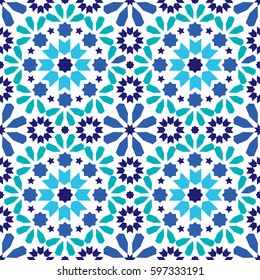 Geometric seamless pattern, Moroccan tiles design, seamless blue and turquoise tile background