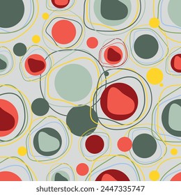 Geometric seamless pattern. Multi colored circles are green, pink, yellow, red. Web banner,poster, brochure, background, wallpaper. Modern abstract design. Vector illustration.