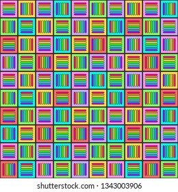 Geometric seamless pattern with multicolored cross lines in squares, rainbow colors braided ornament, prism graphic texture. Decorative strokes background, colorful linear surface. Vector illustration