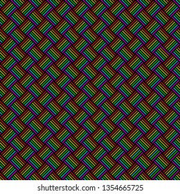 Geometric seamless pattern with multicolored cross lines, rainbow colors braided ornament, prism graphic texture. Decorative bright strokes background, colorful linear surface. Vector illustration