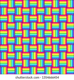 Geometric seamless pattern with multicolored cross lines, rainbow colors braided ornament, prism graphic texture. Decorative bright strokes background, colorful linear surface. Vector illustration