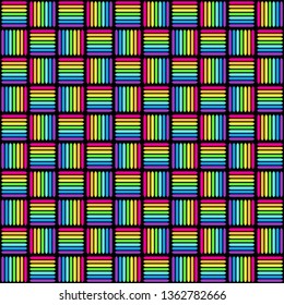 Geometric seamless pattern with multicolored cross lines, rainbow colors braided ornament, prism graphic texture. Decorative bright strokes background, colorful linear surface. Vector illustration