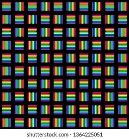 Geometric seamless pattern with multicolored cross lines, rainbow colors braided ornament, prism graphic texture. Decorative bright strokes background, colorful linear surface. Vector illustration