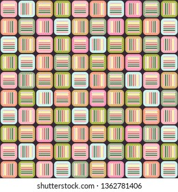 Geometric seamless pattern with multicolored pastel cross lines in squares, vintage braided ornament, graphic texture. Abstract strokes background, colorful linear surface. Vector illustration