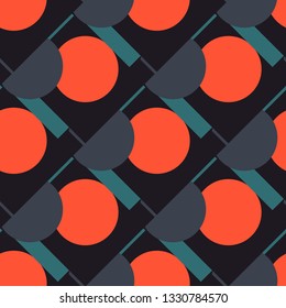 Geometric seamless pattern of multi-colored shapes, universal print for fabric design, cover. Vector illustration. Coral, black, blue ñolor. Decorative background with repeating stylized rectangles