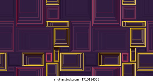 geometric seamless pattern with multicolored squares and rectangles on a dark purple background. linear style. Modern abstract design 