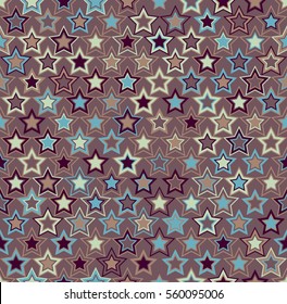 Geometric seamless pattern. Multicolored stars on a brown background. Useful as design element for texture and artistic compositions.