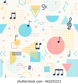 Geometric seamless pattern with music notes and signs. Alphabet vector background. Memphis style for fashion.