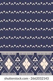 Geometric seamless pattern in navy and beige, featuring diamonds, triangles, and minimal pixel-style lines. Ideal for fabric design, wallpapers, and modern textile prints.