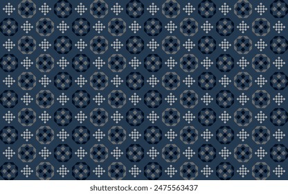 Geometric seamless pattern with octagon square and checker in light gray and dark blue on indigo blue background. Vector illustration, for masculine shirt lady dress fabric textile cover decoration