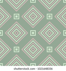 Geometric seamless pattern. Olive green background with pale pink elements for wallpapers, textile and fabrics