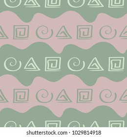 Geometric seamless pattern. Olive green background with pale pink elements for wallpapers, textile and fabrics