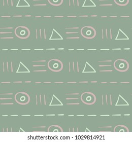 Geometric seamless pattern. Olive green background with pale pink elements for wallpapers, textile and fabrics