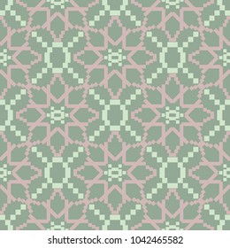 Geometric seamless pattern. Olive green background with pale pink elements for wallpapers, textile and fabrics