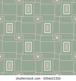 Geometric seamless pattern. Olive green background with pale pink elements for wallpapers, textile and fabrics