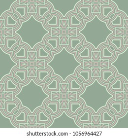 Geometric seamless pattern. Olive green background with pale pink elements for wallpapers, textile and fabrics