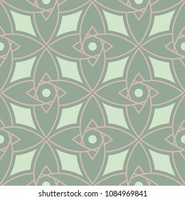 Geometric seamless pattern. Olive green background with pale pink elements for wallpapers, textile and fabrics