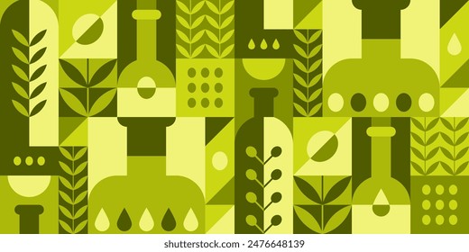 Geometric seamless pattern with olive oil in bottles, black and green fruits and leaves. Vector abstract background in minimal style with Mediterranean virgin cooking oil in glass jugs and branches