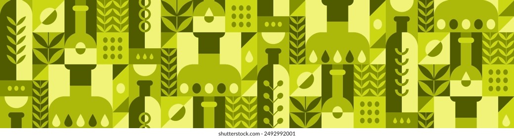 Geometric seamless pattern with olive oil in bottles, black and green fruits and leaves. Vector abstract background in minimal style with Mediterranean virgin cooking oil in jugs and branches