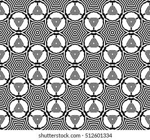 Geometric seamless pattern on the basis of black wavy lines. White background. Vector illustration. For the interior design, wallpaper, decoration print, fill pages.