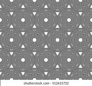 Geometric seamless pattern on the basis of black wavy lines. White background. Vector illustration. For the interior design, wallpaper, decoration print, fill pages.