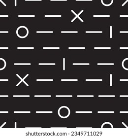 Geometric seamless pattern on a black background. White Dashes, circle, cross