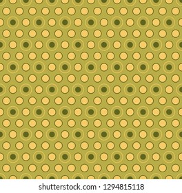 Geometric seamless pattern on a green background. Consists of colored circles. Polka dot. Useful as design element for texture and artistic compositions.