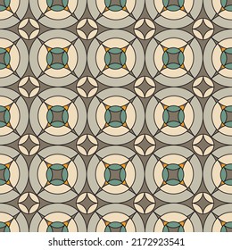 Geometric seamless pattern on kaki background. Colorful of round circle ornaments, dark green, cream and gray with 4 direction arrow. Modern stylish vector. Textile, wall decoration, tile pattern.