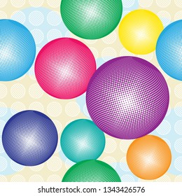 Geometric seamless pattern on a khaki background with color spheres. Using for print on the wall-paper, shirts, greeting card, vector and other