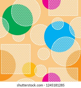 Geometric seamless pattern on a multi-colored background with bubbles and squares. Using for print on the wall-paper, shirts, greeting card, vector and other