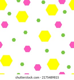 Geometric seamless pattern on white background. Vector illustration. For textile, paper, fabric. Pink, green and yellow polyhedrons different sizes in abstract design.