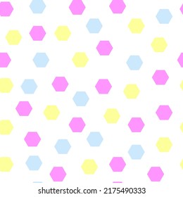 Geometric seamless pattern on white background. Vector illustration. For textile, fabric, paper. Pink, blue and yellow polyhedrons abstract design.