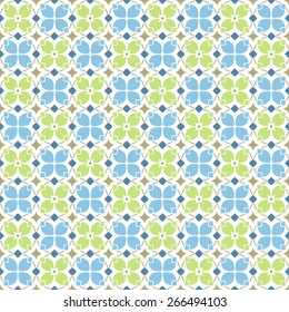 Geometric seamless pattern on white background. Abstract floral pattern in cyan, green and white  colors. Vector