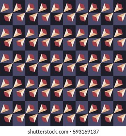 Geometric seamless pattern, optical illusion, vector background. Ornament from multicolored squares, triangles and lozenges. For wallpaper design, wrapper, fabric, print, decoration