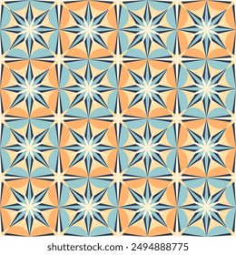 Geometric seamless pattern of orange and blue square tiles. Traditional decorative ornate azulejos. Abstract vintage background. Vector illustration.