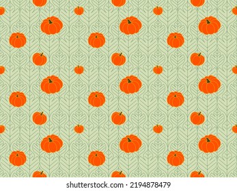 Geometric seamless pattern orange pumpkin green background. ethnic textile. Design for fabric, curtain, carpet, wallpaper, clothing, wrapping, batik, Vector illustration.