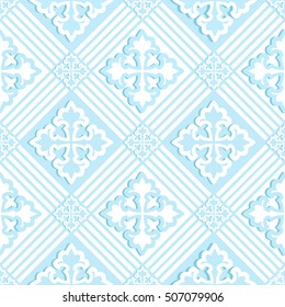 Geometric seamless pattern with oriental ornament in blue and white. Islamic art. Vector illustration.