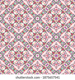 Geometrisches nahtloses Muster, Ornament, abstrakter bunter Hintergrund, Modedruck, Vektorstruktur für Gewebe, Textilien, Tapeten, Dekoration.