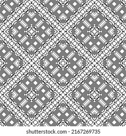 Geometric seamless pattern, ornament, abstract black and white background, fashion print, vector decorative texture.