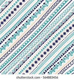 Geometric seamless pattern. Ornament painted by hand. Print for your textile. Blue, gray and white colors. Diagonal direction. Ethnic and tribal motifs. Vector illustration.