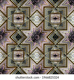 Geometrisches nahtloses Muster. Zierend, moderner Vektorhintergrund. Blumenfarbene Ornamente mit abstrakten Blumen, Blättern, geometrischen Formen, Linien, Rhombus, Plätzen. Wiederholen Sie dekorative Hintergrundbilder.