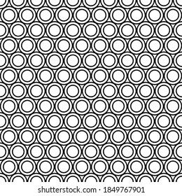 Geometric Seamless Pattern With Outline Circles. Round Elements In Grid. Double Circles. Endless Texture. Background With Many Round Shapes. Abstract Vector Illustration. Black And White Wallpaper.