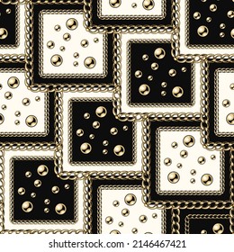 Geometric seamless pattern with overlapping squares. Abstract background with gold realistic metallic chains, ball beads. Vector illustration