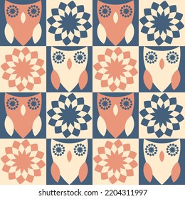 Geometric seamless pattern with owls and abstract flowers. Boho checkered print for paper, fabric, textile. Retro style vector illustration for decor and design.
